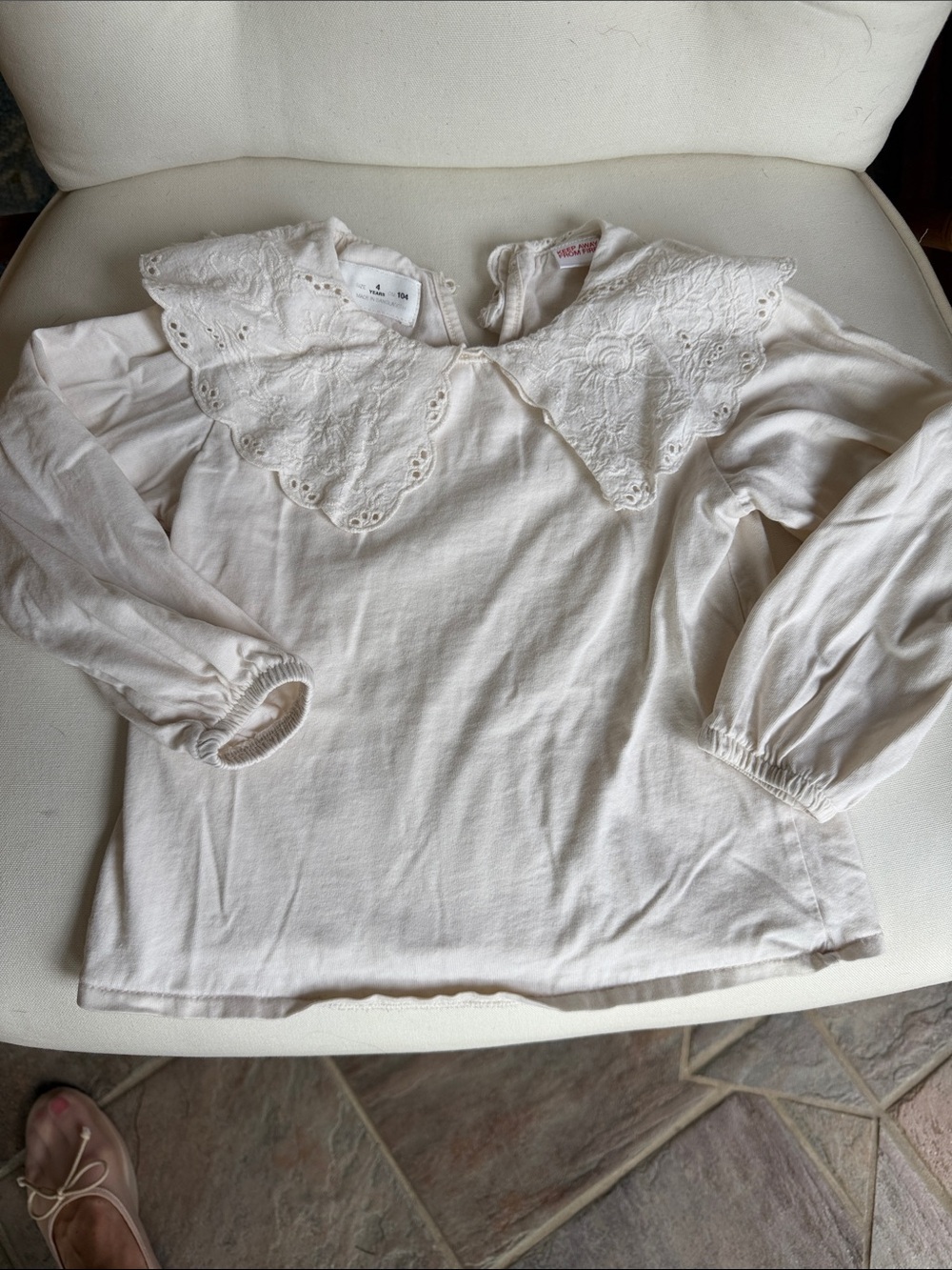 Zara Cream Long-Sleeve Top with Scalloped Eyelet Collar